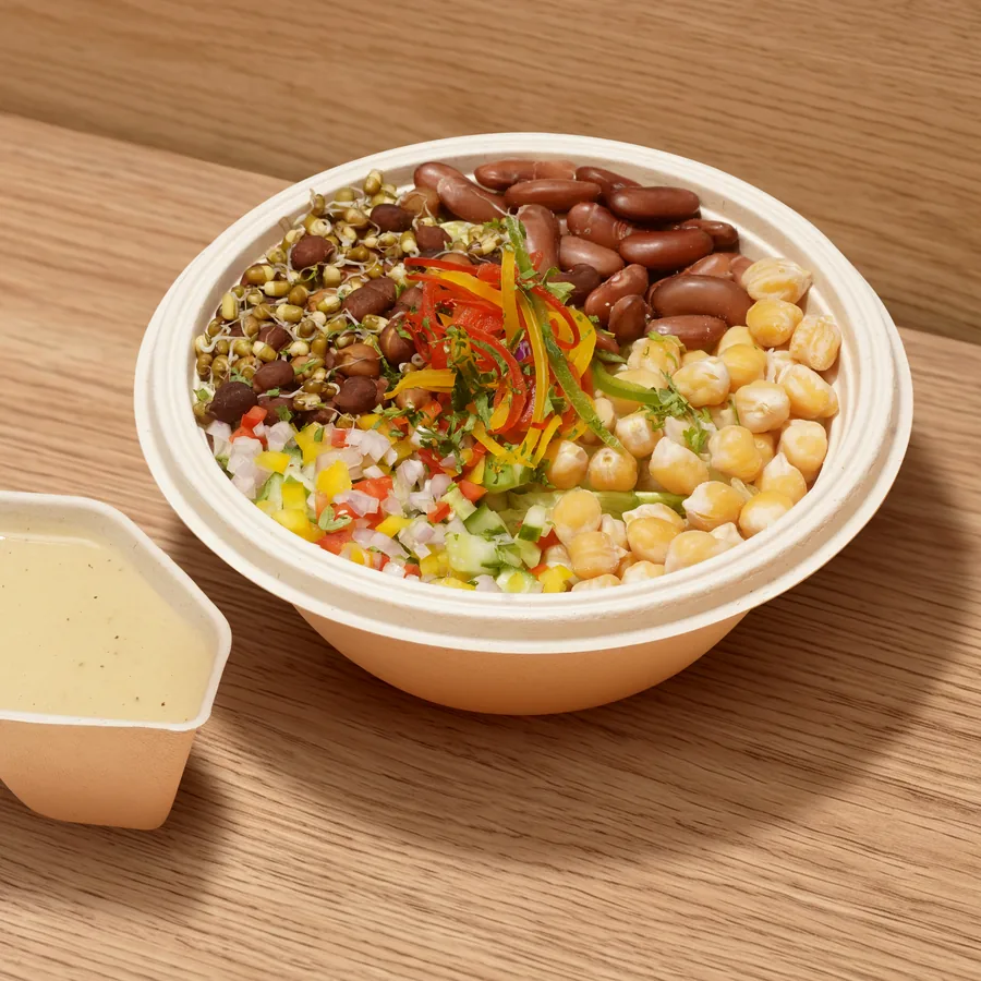 A FOJO mixed bean salad of chickpeas, rajma and moong, dressing on the side