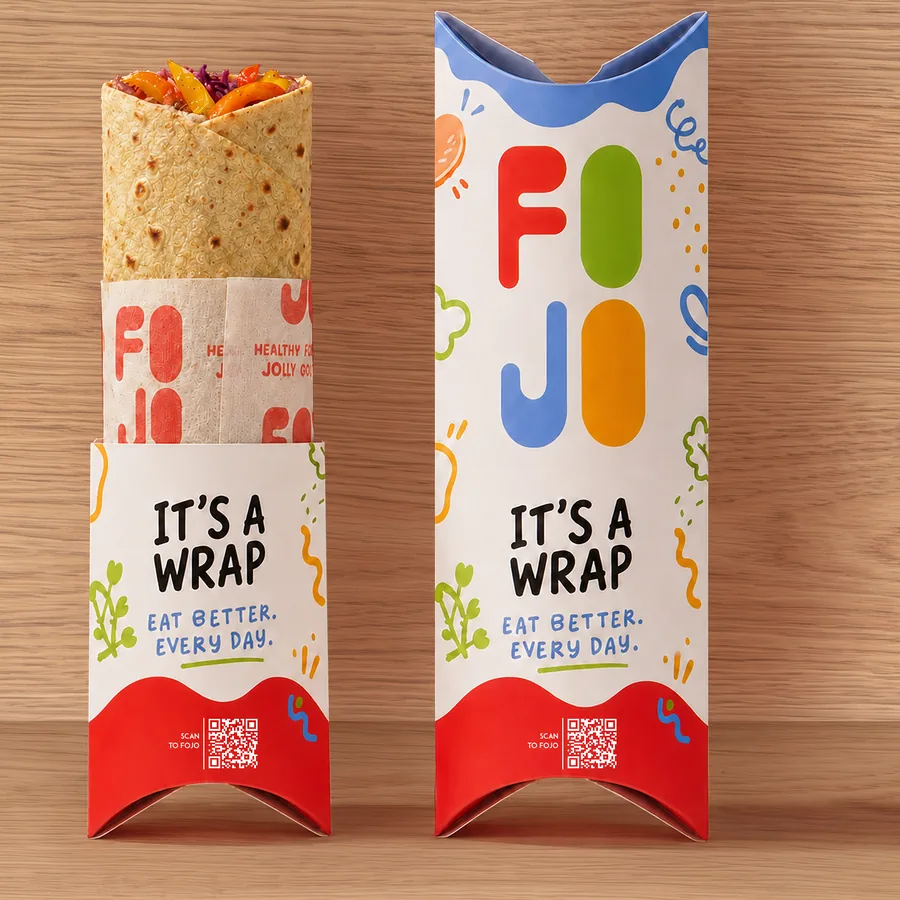 Two FOJO chicken wraps in their red sleeves