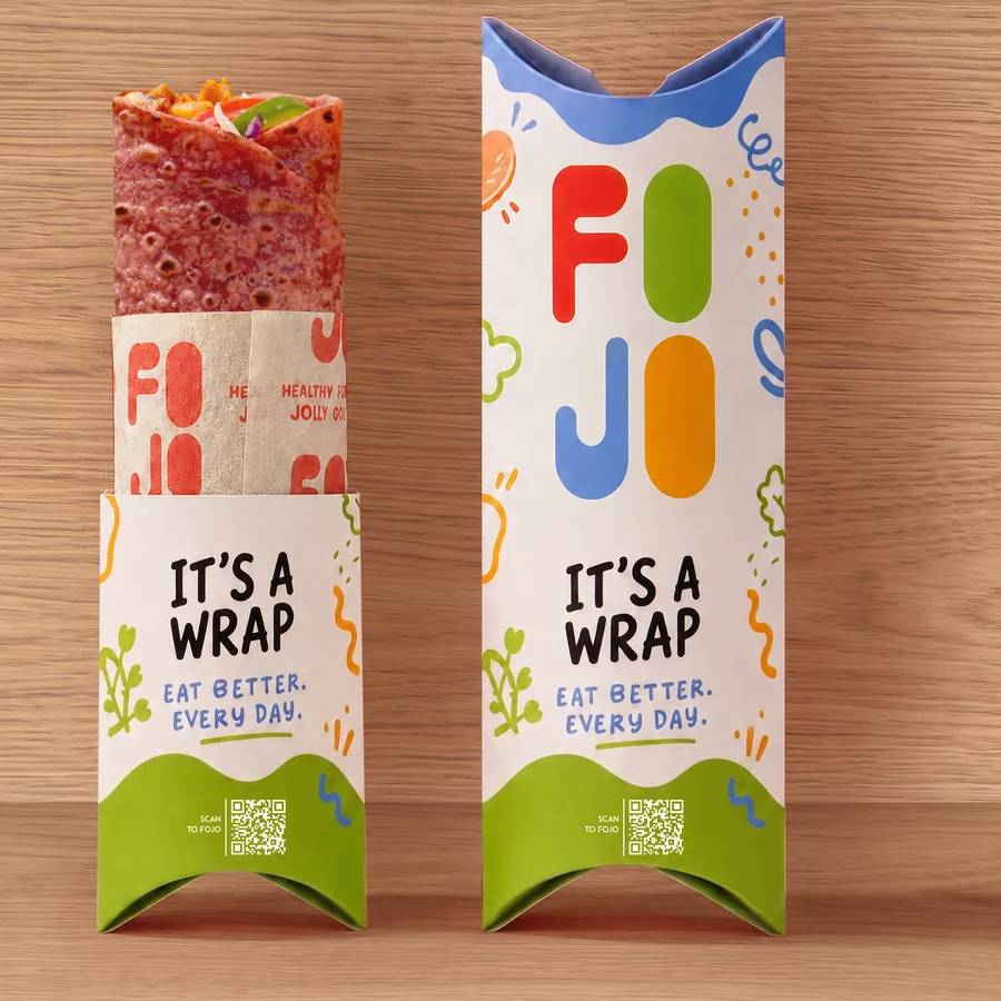 Two FOJO paneer wraps in their green sleeves